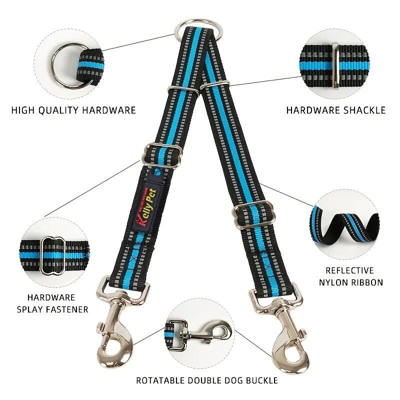 Nylon reflective silk double dog leash can lead two pets adjustable multi-color optional