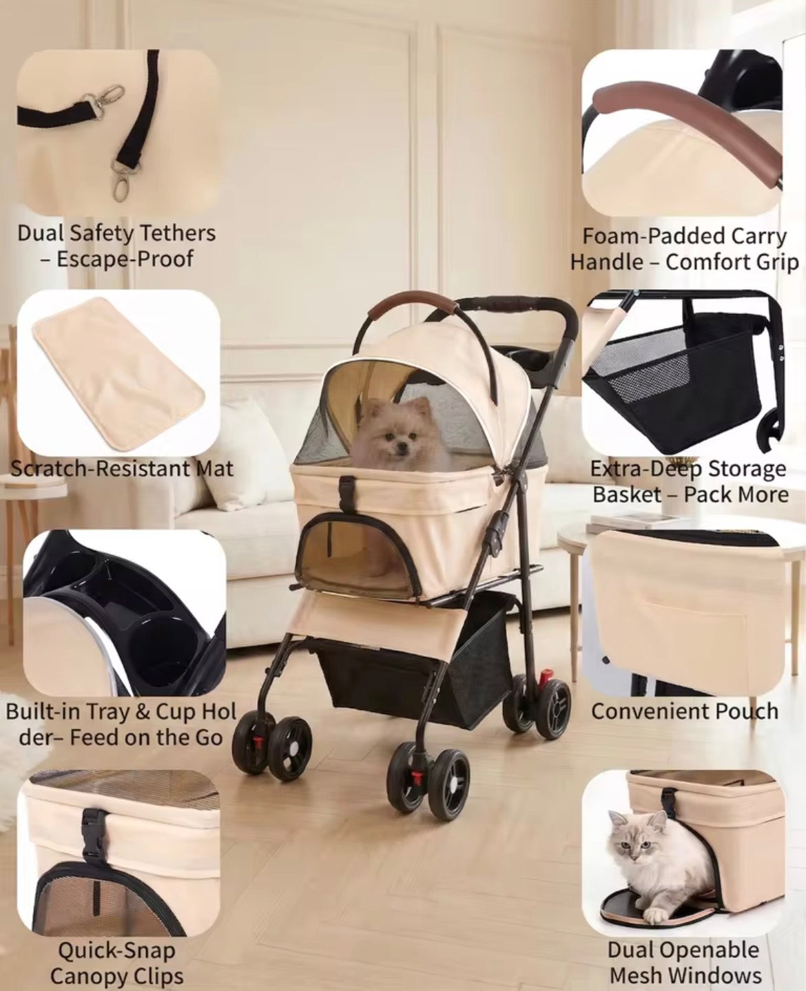 2-in-1Pet Stroller for Small Dogs Cats Foldable Lightweight 4 Wheel Dog Stroller with Removable Carrier Travel Portable Pet Cart