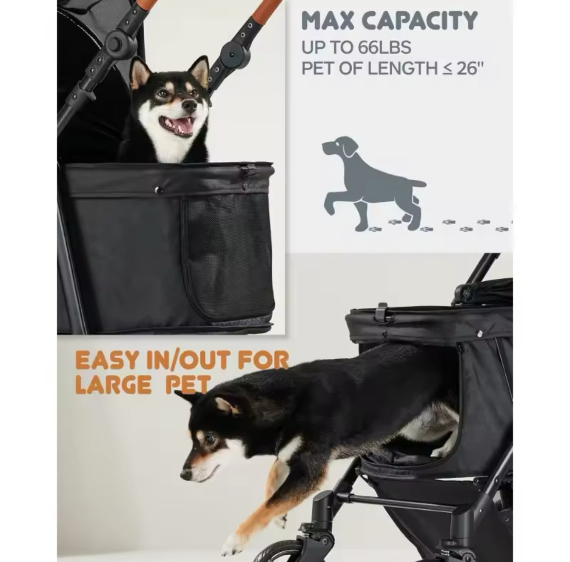 Medium dog stroller for medium and large dogs.
