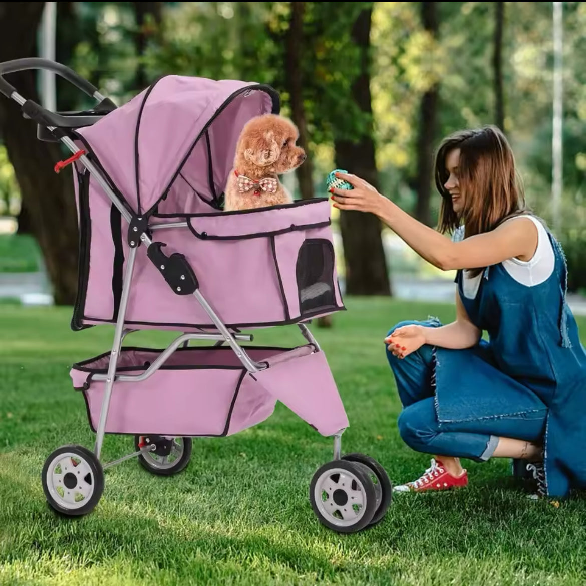 Compact pink foldable pet stroller