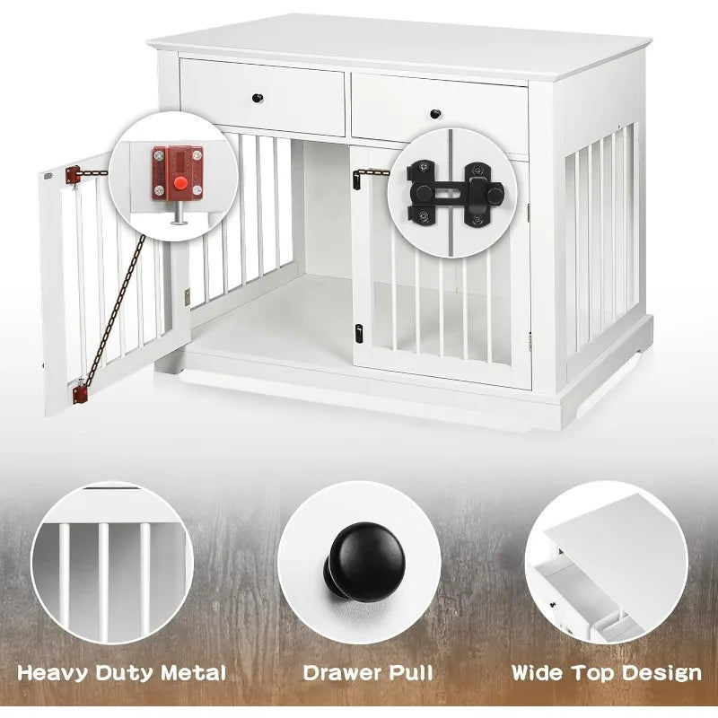 Modern Large Dog Crate Furniture, 44 inch Wooden Dog Kennel End Table with Storage Drawers, Decorative Pet Crates Dog House Indoor