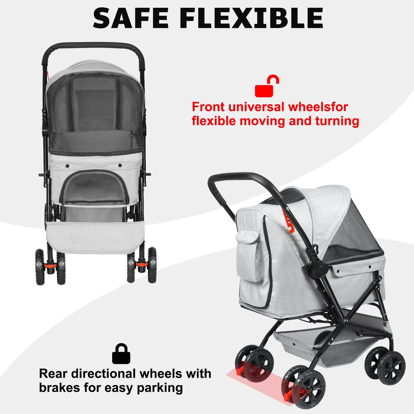 Stroller Light Grey 4-Wheel Travel Stroller: Foldable Cat Dog Stroller with Storage Basket
