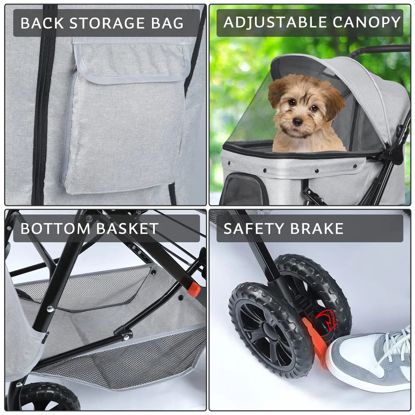 Stroller Light Grey 4-Wheel Travel Stroller: Foldable Cat Dog Stroller with Storage Basket