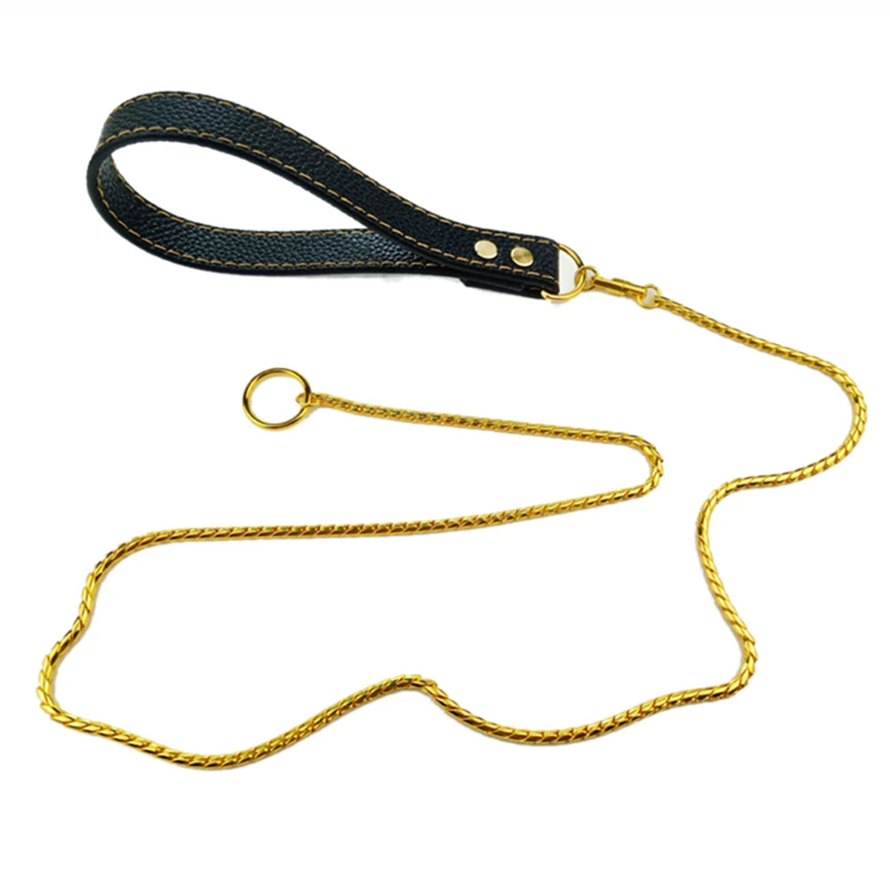 Stainless Steel Dog Leash Integrated Dog Collar and Leash 4mm 1m/1.2m Metal Dog Leash for Small Medium And Large Pets Leather Handle
