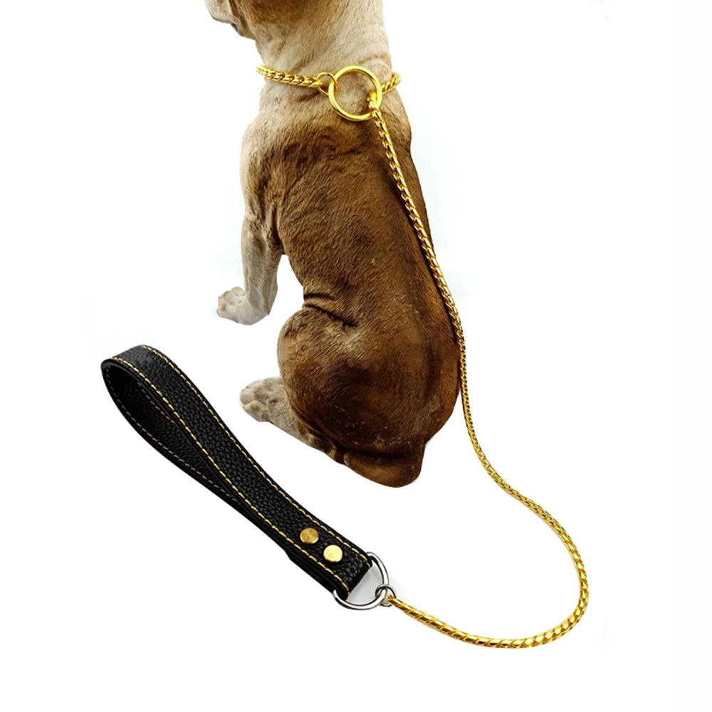 Stainless Steel Dog Leash Integrated Dog Collar and Leash 4mm 1m/1.2m Metal Dog Leash for Small Medium And Large Pets Leather Handle
