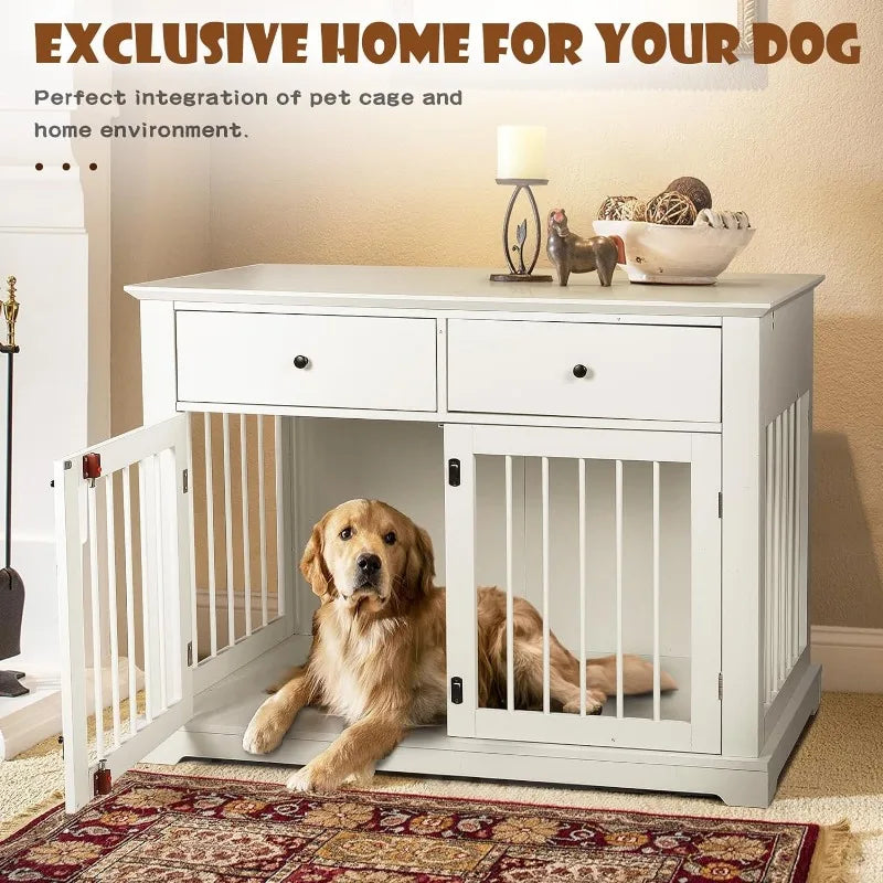 Modern Large Dog Crate Furniture, 44 inch Wooden Dog Kennel End Table with Storage Drawers, Decorative Pet Crates Dog House Indoor