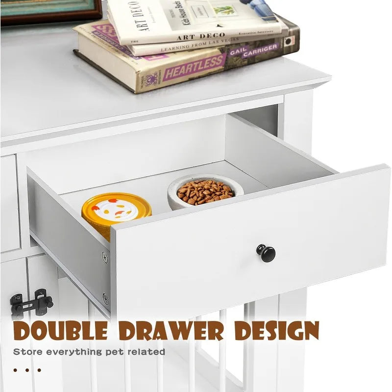 Modern Large Dog Crate Furniture, 44 inch Wooden Dog Kennel End Table with Storage Drawers, Decorative Pet Crates Dog House Indoor