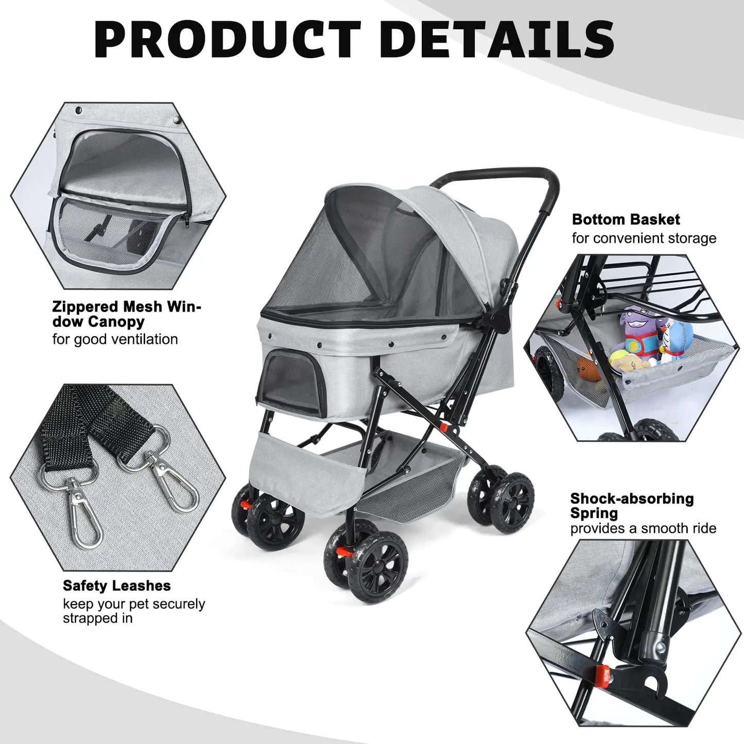 Stroller Light Grey 4-Wheel Travel Stroller: Foldable Cat Dog Stroller with Storage Basket