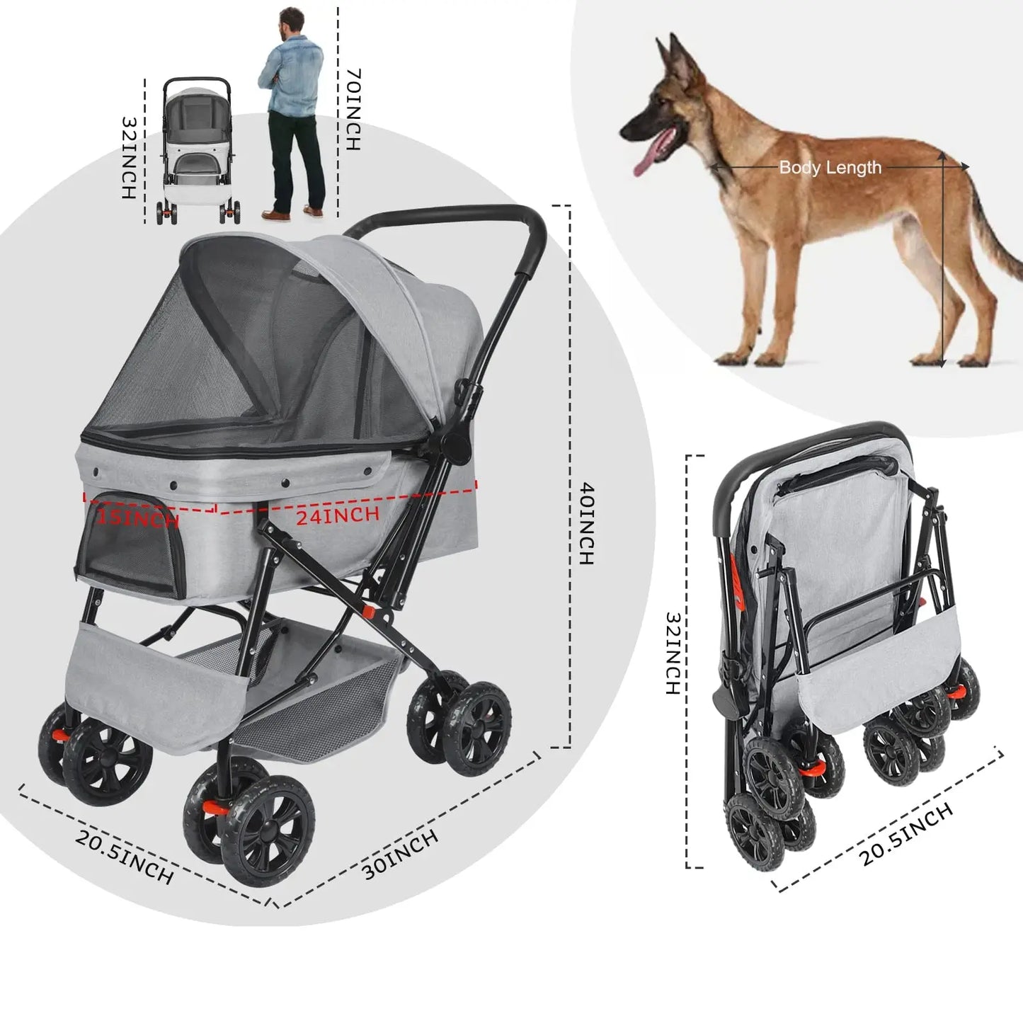 Stroller Light Grey 4-Wheel Travel Stroller: Foldable Cat Dog Stroller with Storage Basket