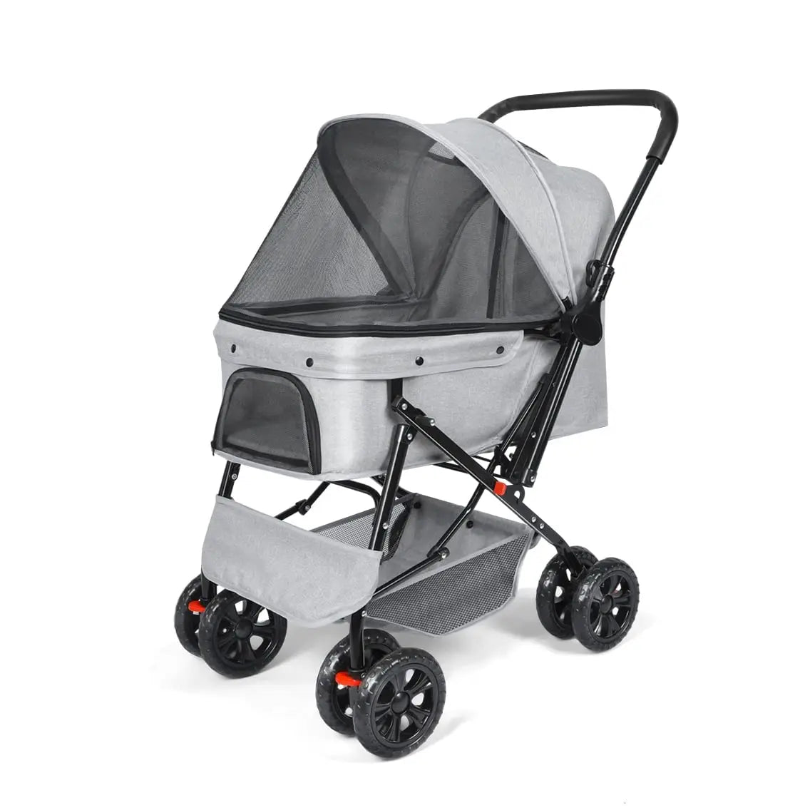 Stroller Light Grey 4-Wheel Travel Stroller: Foldable Cat Dog Stroller with Storage Basket
