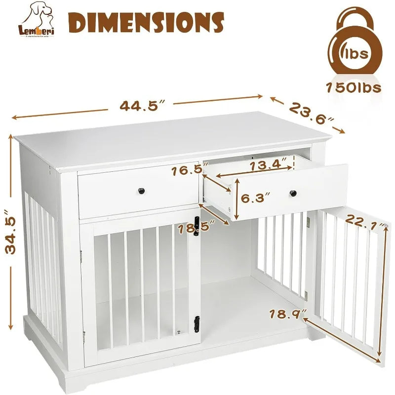Modern Large Dog Crate Furniture, 44 inch Wooden Dog Kennel End Table with Storage Drawers, Decorative Pet Crates Dog House Indoor