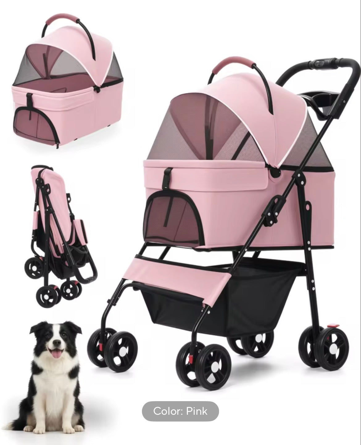 2-in-1Pet Stroller for Small Dogs Cats Foldable Lightweight 4 Wheel Dog Stroller with Removable Carrier Travel Portable Pet Cart