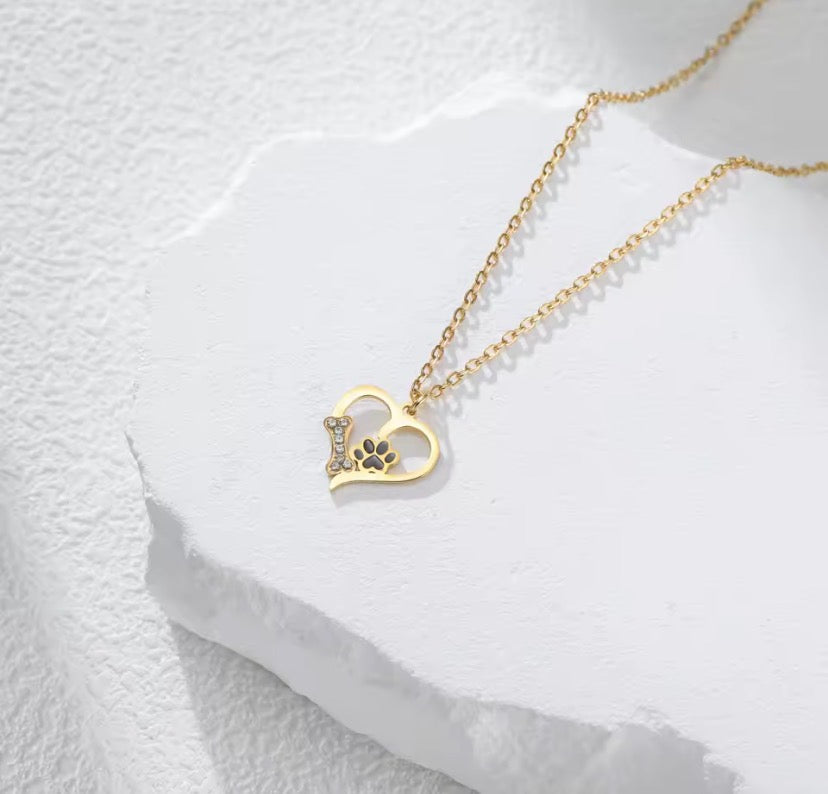 Dog Paw Heart Necklace Crystal Bone & Paw Print Pendant Stainless Steel Pet Lover Jewelry for Dog Mom Pet Memorial
