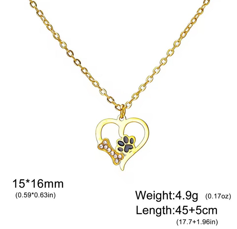 Dog Paw Heart Necklace Crystal Bone & Paw Print Pendant Stainless Steel Pet Lover Jewelry for Dog Mom Pet Memorial
