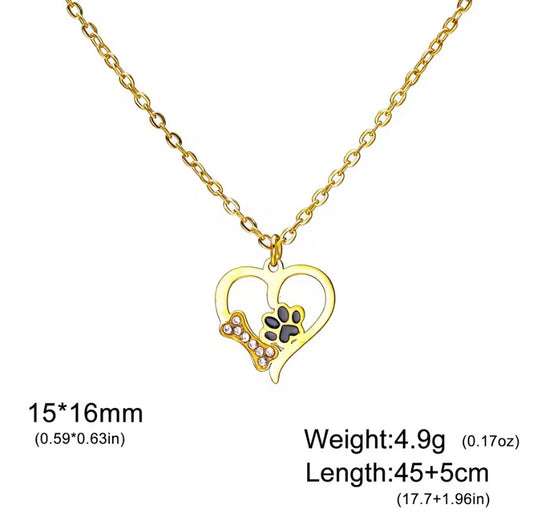 Dog Paw Heart Necklace Crystal Bone & Paw Print Pendant Stainless Steel Pet Lover Jewelry for Dog Mom Pet Memorial