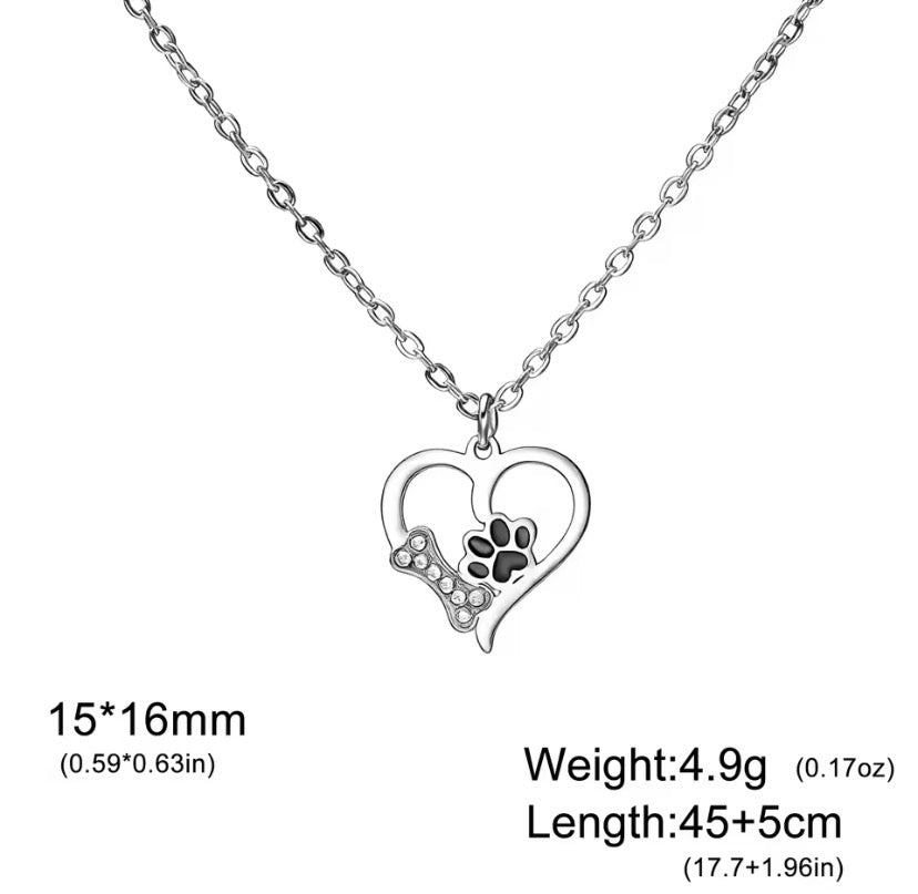 Dog Paw Heart Necklace Crystal Bone & Paw Print Pendant Stainless Steel Pet Lover Jewelry for Dog Mom Pet Memorial