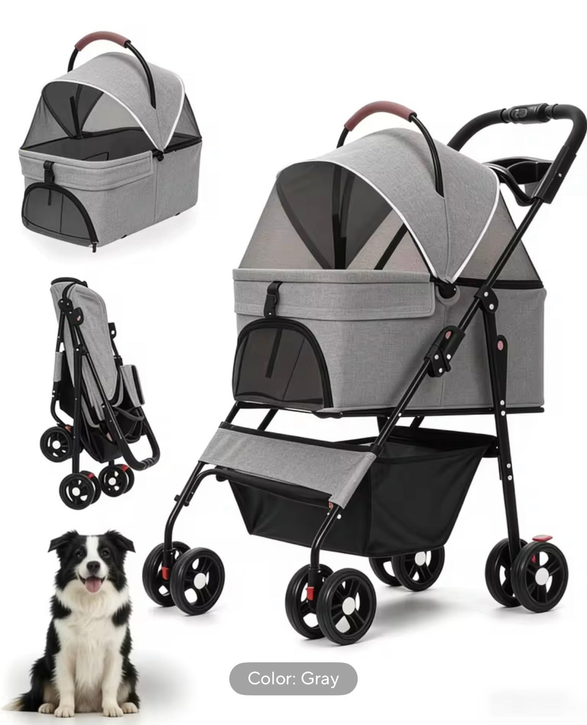 2-in-1Pet Stroller for Small Dogs Cats Foldable Lightweight 4 Wheel Dog Stroller with Removable Carrier Travel Portable Pet Cart