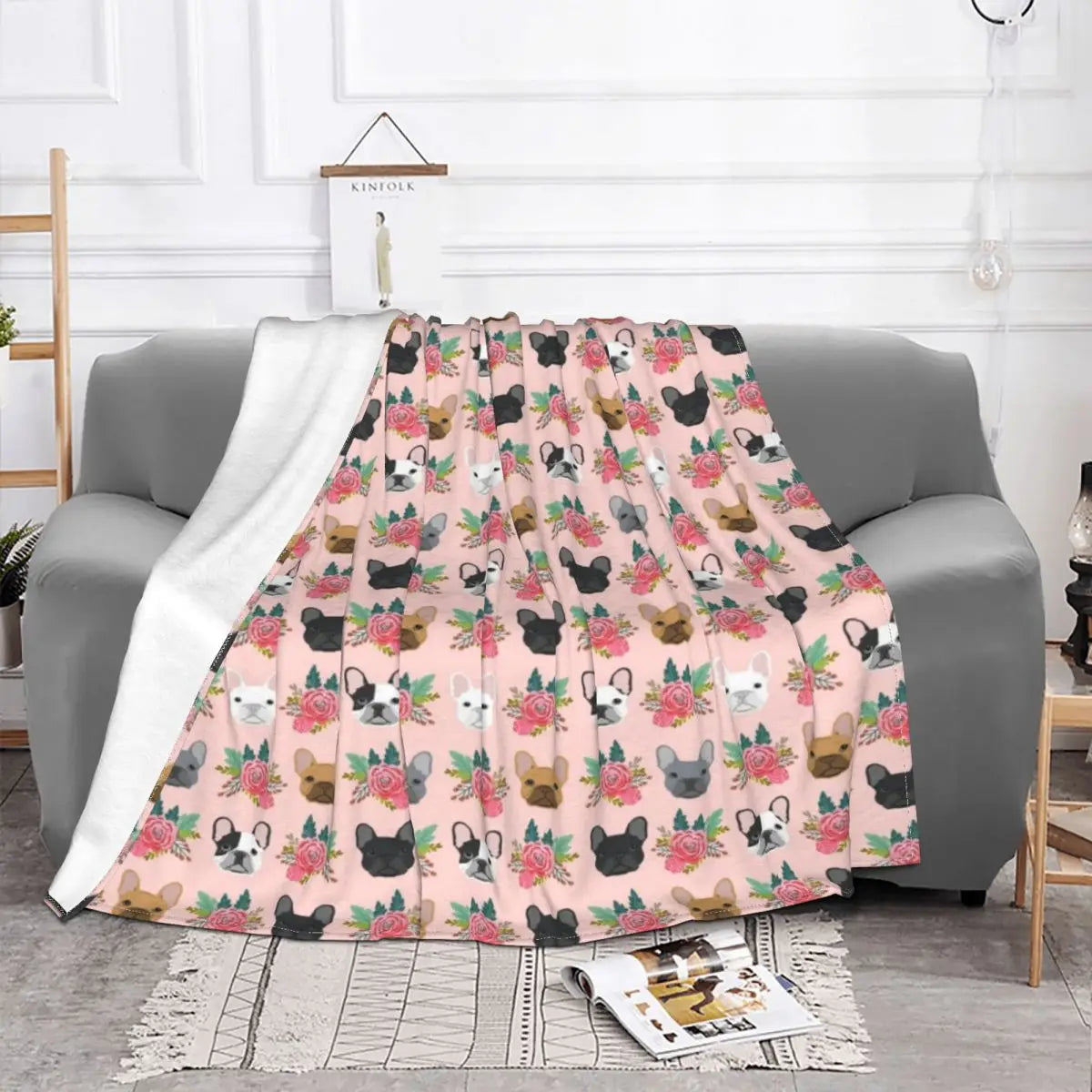 French Bulldog Faces Pink Throw Blanket Bed Cover Blanket