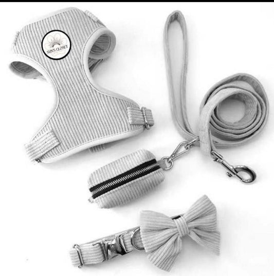Grey Corduroy Dog Harness Set | Sun's Closet