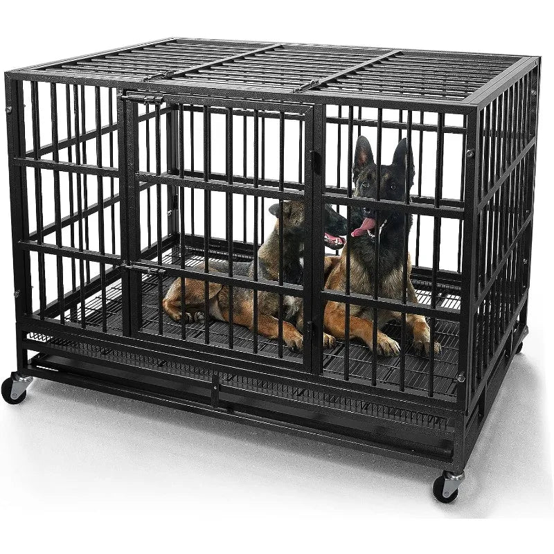 Heavy Duty Dog Crate Cage Kennel with Wheels 43/48 inch Drop Down