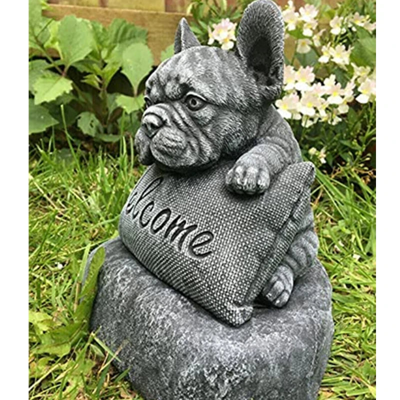 French Bulldog Welcome Plinth Home Garden Decoration Outdoor Lifelike Dog Statue Dog Decor for Home Garden Lawn Patio Backyard