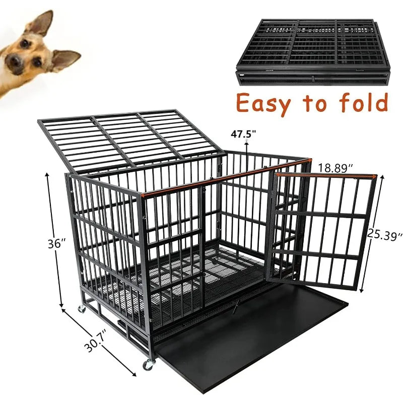 Heavy Duty Dog Crate Cage Kennel with Wheels 43/48 inch Drop Down