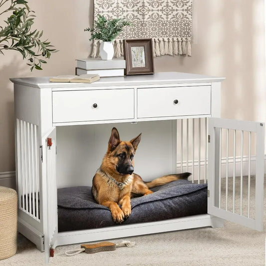 Modern Large Dog Crate Furniture, 44 inch Wooden Dog Kennel End Table with Storage Drawers, Decorative Pet Crates Dog House Indoor