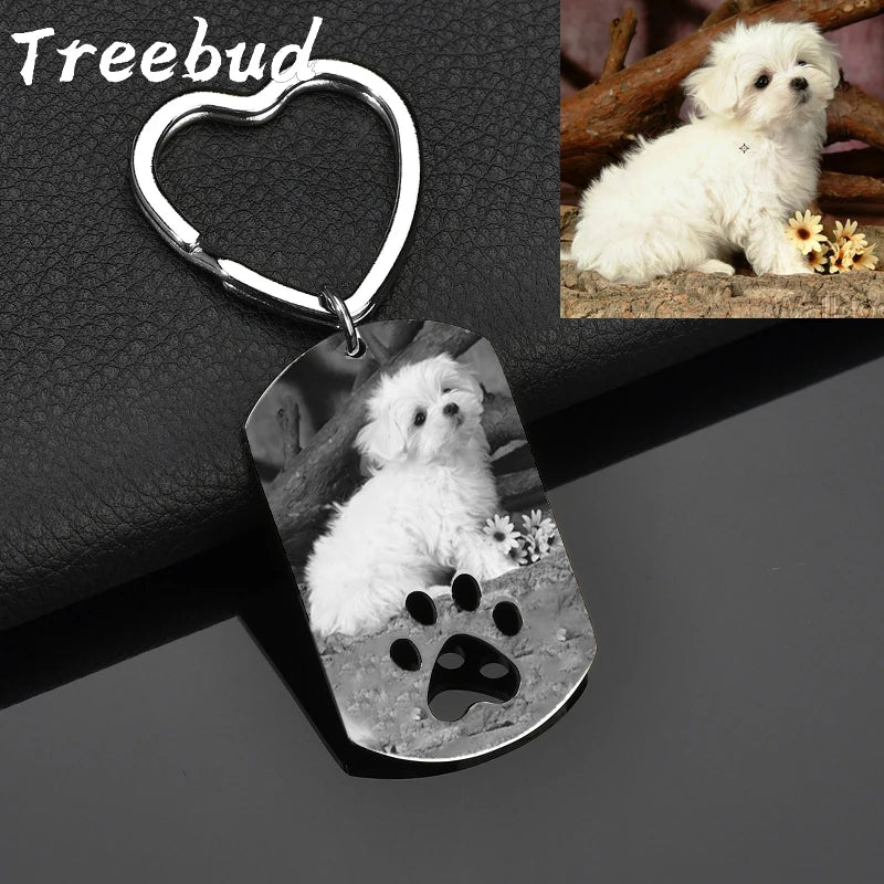 Custom Engraved Photo Pet Keychains Stainless Steel Laser Engraved Name Date Picture Tag Key rings