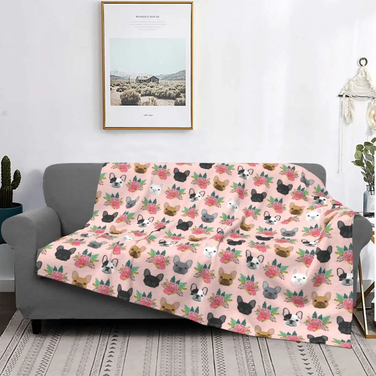 French Bulldog Faces Pink Throw Blanket Bed Cover Blanket